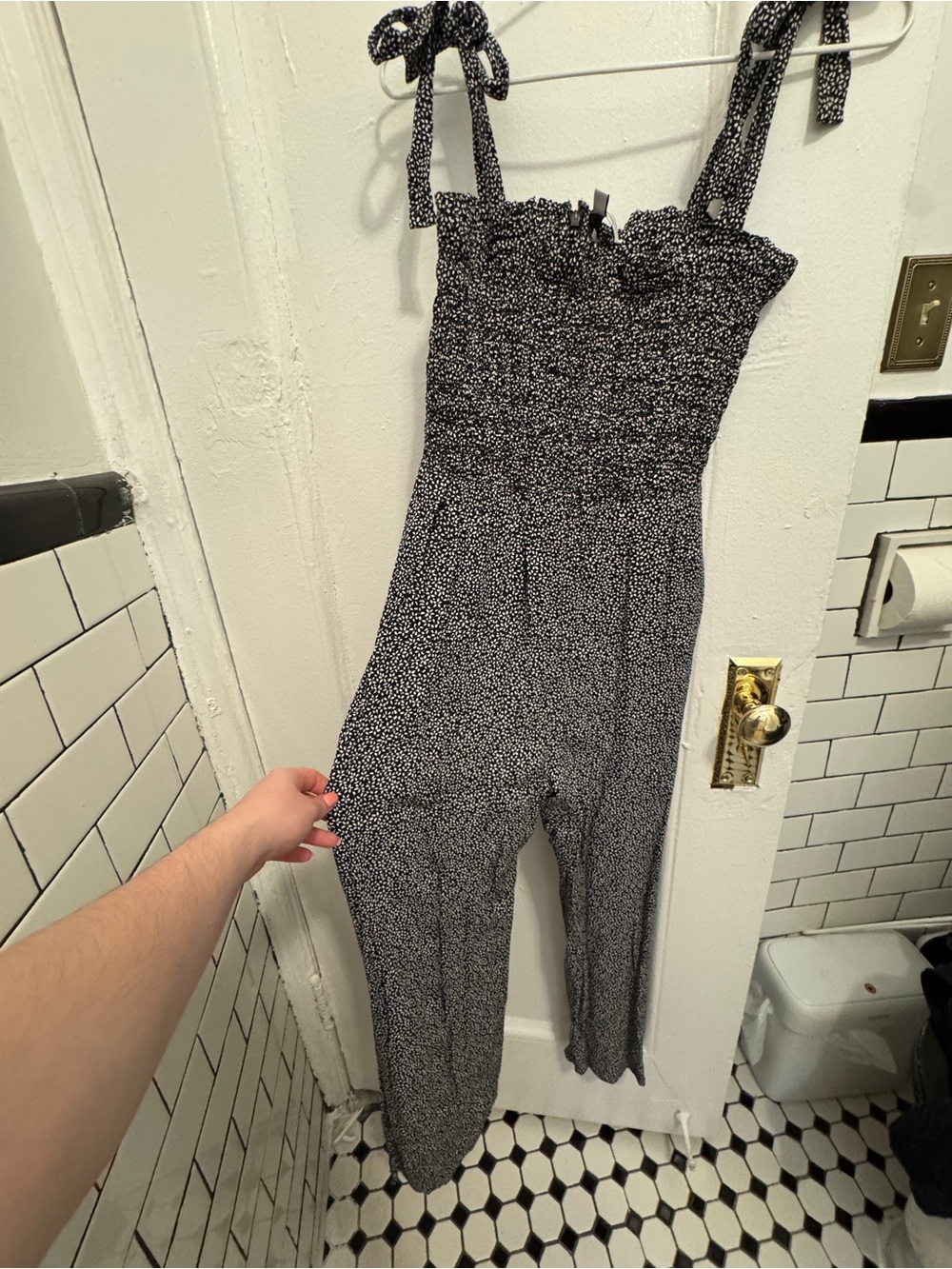 & Other Stories Black and White Smocked Tie-Shoulder Jumpsuit